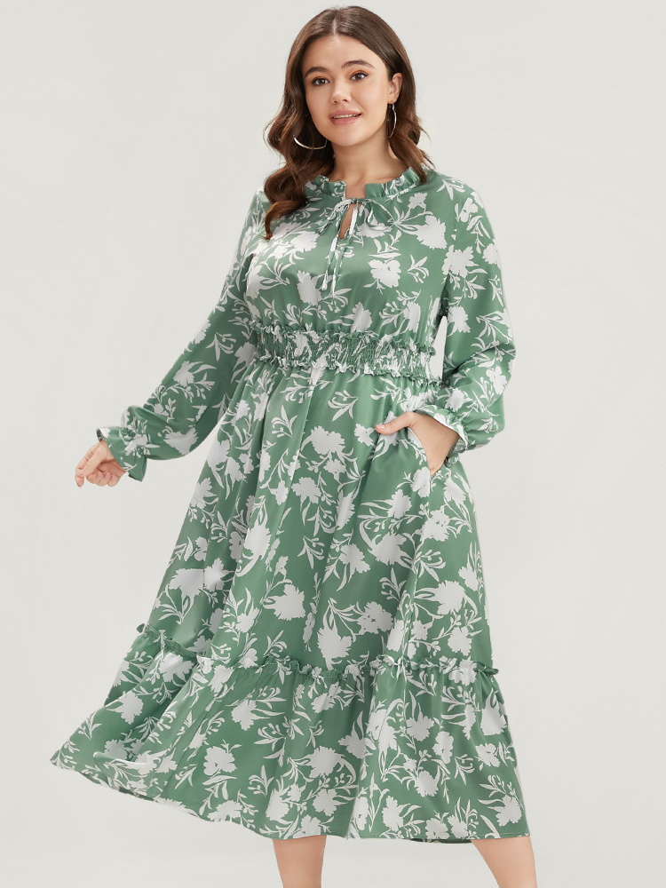 

Plus Size Floral Lantern Sleeve Shirred Pocket Tie Neck Ruffle Dress Green Women Elegant Pocket Round Neck Long Sleeve Curvy Midi Dress BloomChic