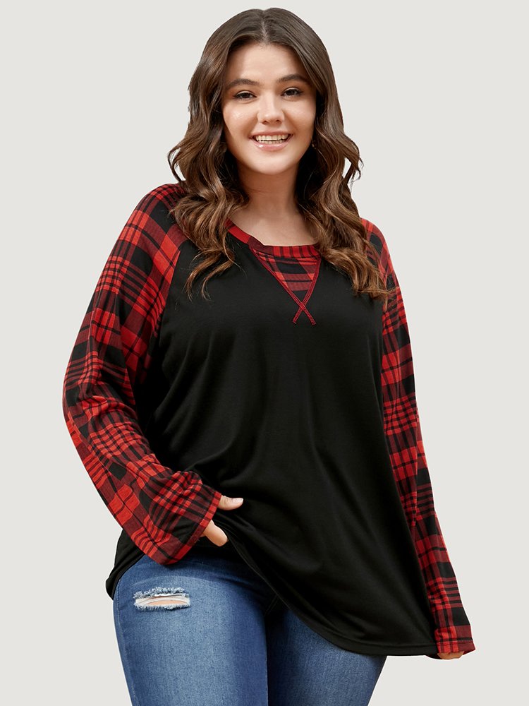 

Plus Size Plaid Patchwork Bell Sleeve Long Tee Black Women Casual Contrast Plaid Round Neck Dailywear T-shirts BloomChic