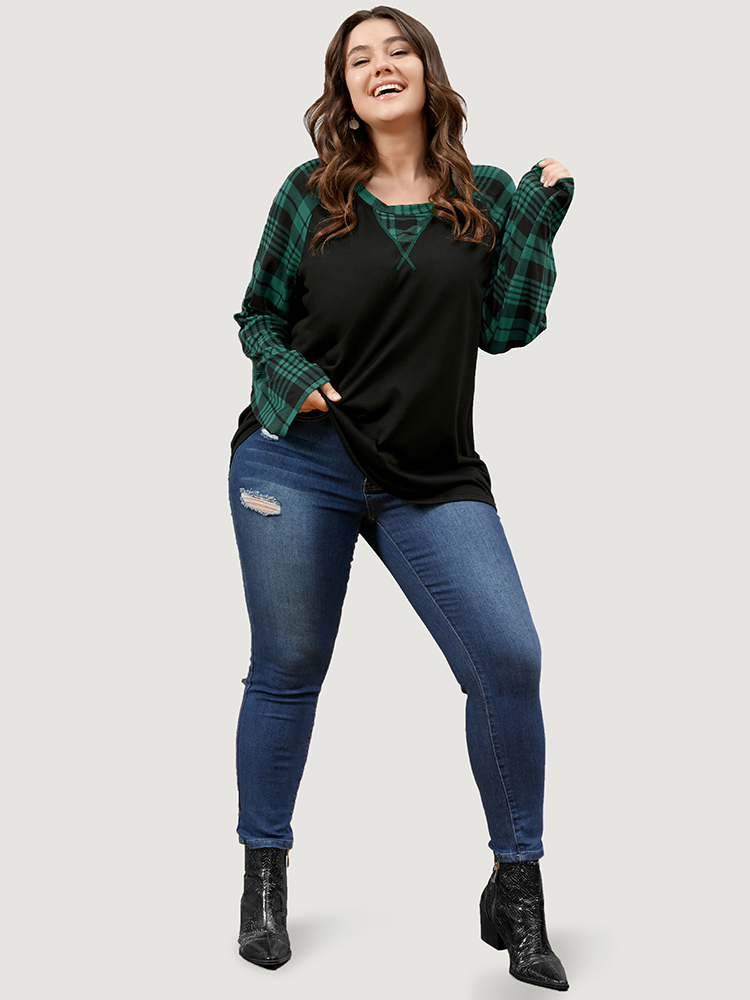 

Plus Size Plaid Patchwork Bell Sleeve Long Tee DarkGreen Women Casual Contrast Plaid Round Neck Dailywear T-shirts BloomChic