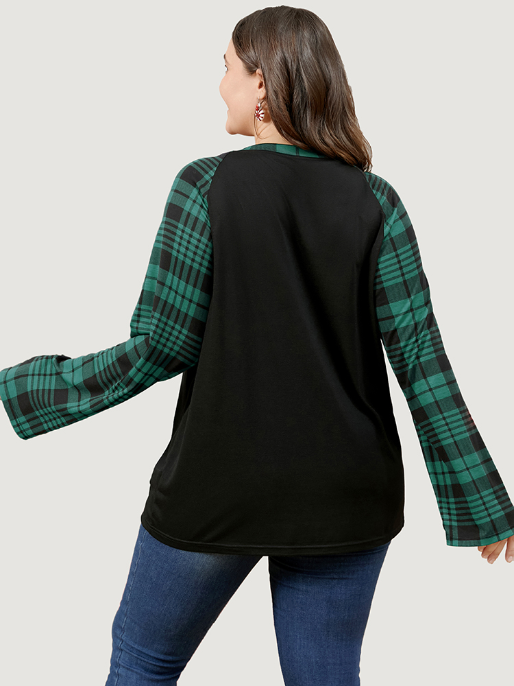 

Plus Size Plaid Patchwork Bell Sleeve Long Tee DarkGreen Women Casual Contrast Plaid Round Neck Dailywear T-shirts BloomChic