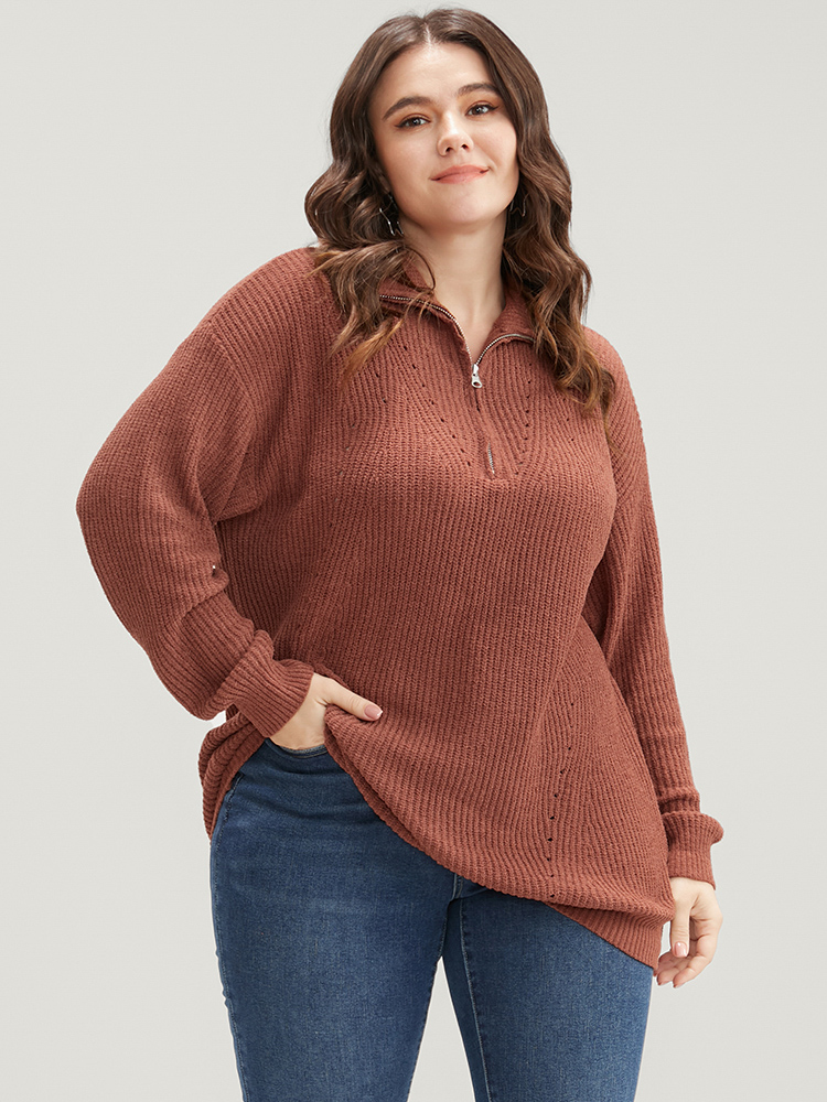 

Plus Size Solid Super Soft Knit Zipper Mock Neck Eyelet Knit Top Bronze Women Casual Loose Long Sleeve Mock Neck Dailywear Pullovers BloomChic