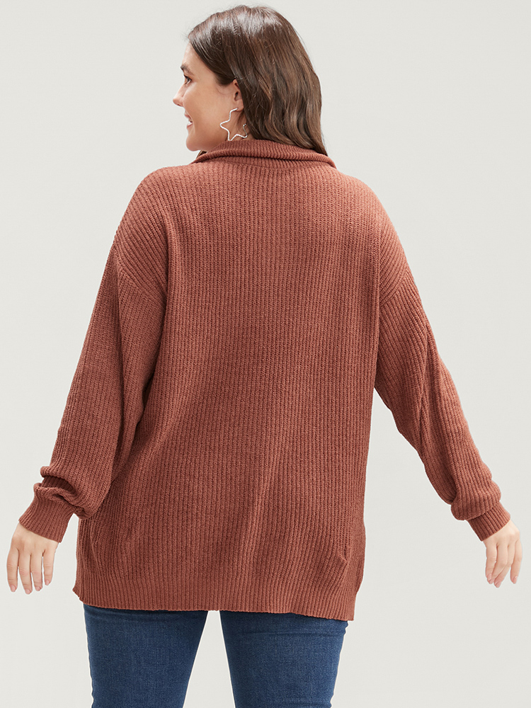 

Plus Size Solid Super Soft Knit Zipper Mock Neck Eyelet Knit Top Bronze Women Casual Loose Long Sleeve Mock Neck Dailywear Pullovers BloomChic