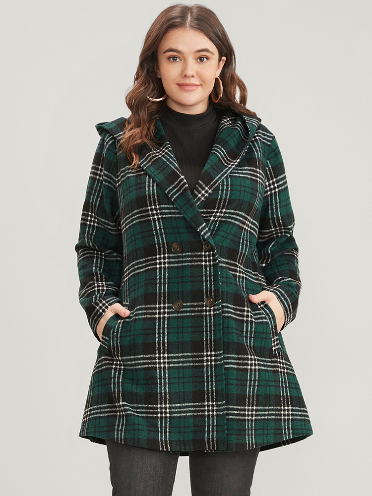 Plus Size Plaid Double Breasted Pocket Hooded Coat Women DarkGreen Casual Pocket Ladies Dailywear Winter Coats BloomChic 14-16/1X 