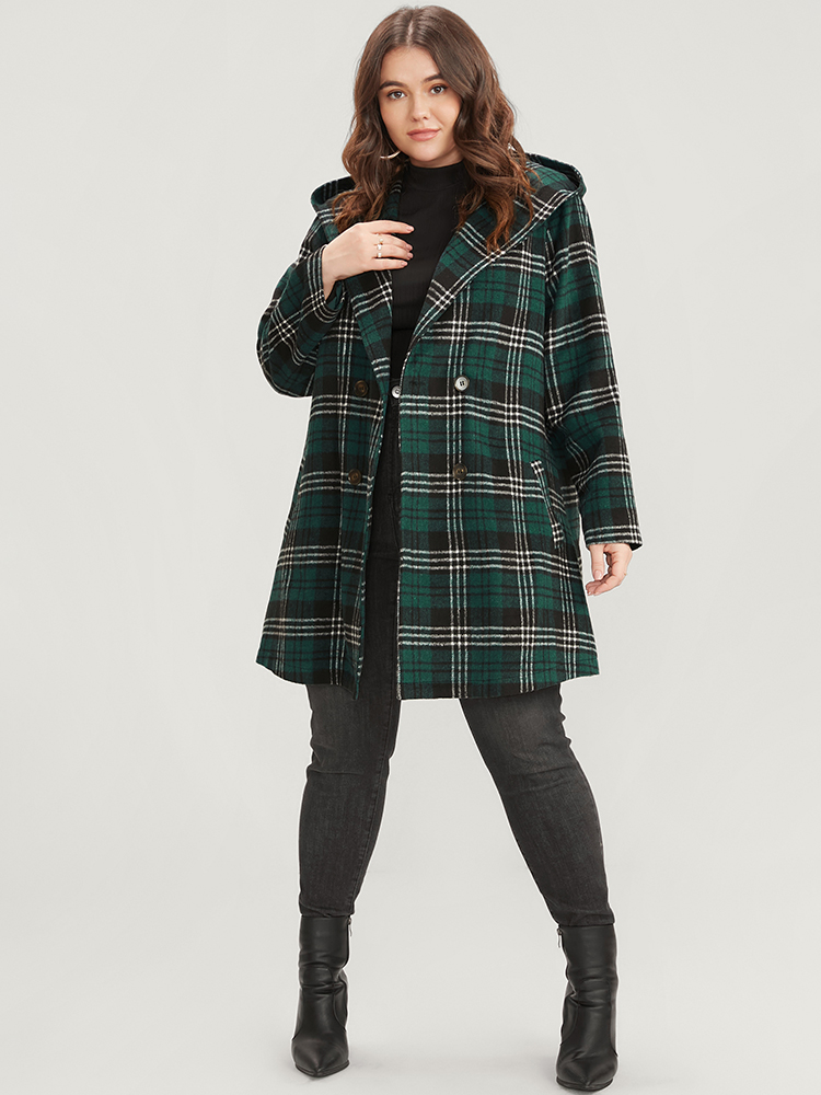 Plus Size Plaid Double Breasted Pocket Hooded Coat Women DarkGreen Casual Pocket Ladies Dailywear Winter Coats BloomChic 14-16/1X 