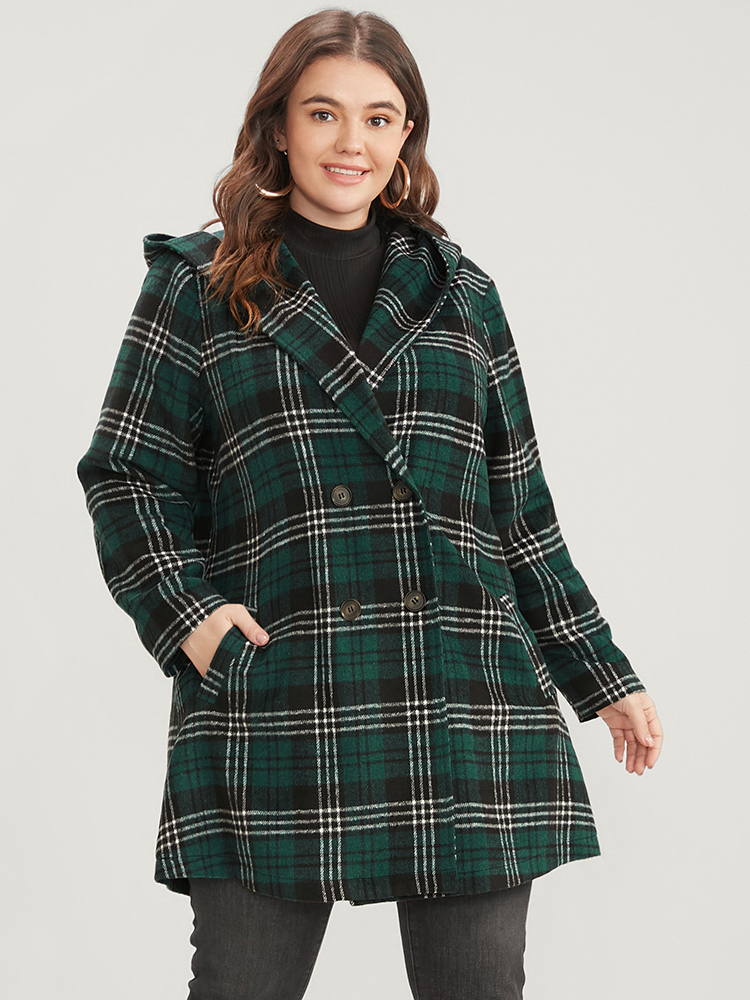 

Plus Size Plaid Double Breasted Pocket Hooded Coat Women DarkGreen Casual Pocket Ladies Dailywear Winter Coats BloomChic