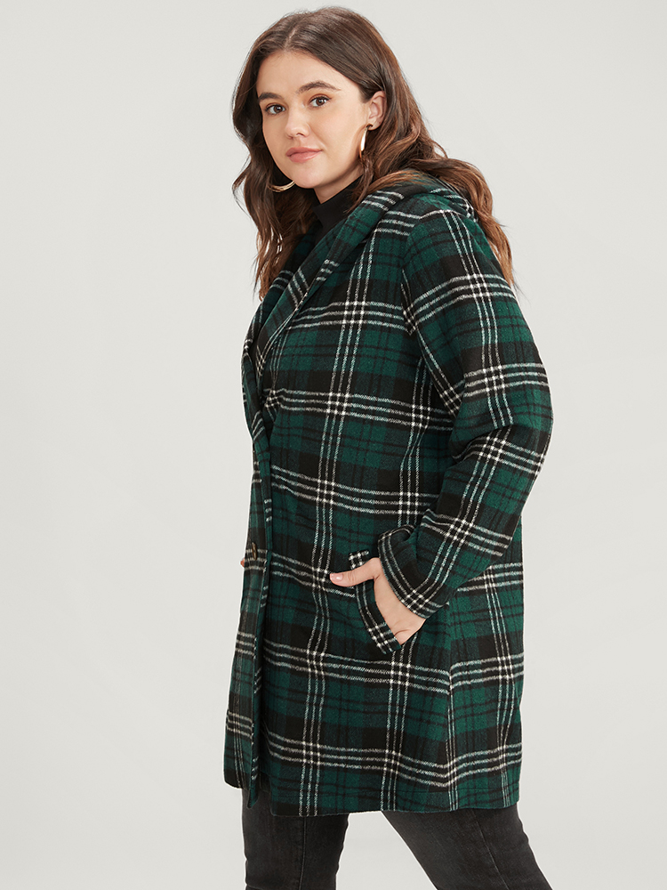 Plus Size Plaid Double Breasted Pocket Hooded Coat Women DarkGreen Casual Pocket Ladies Dailywear Winter Coats BloomChic 14-16/1X 