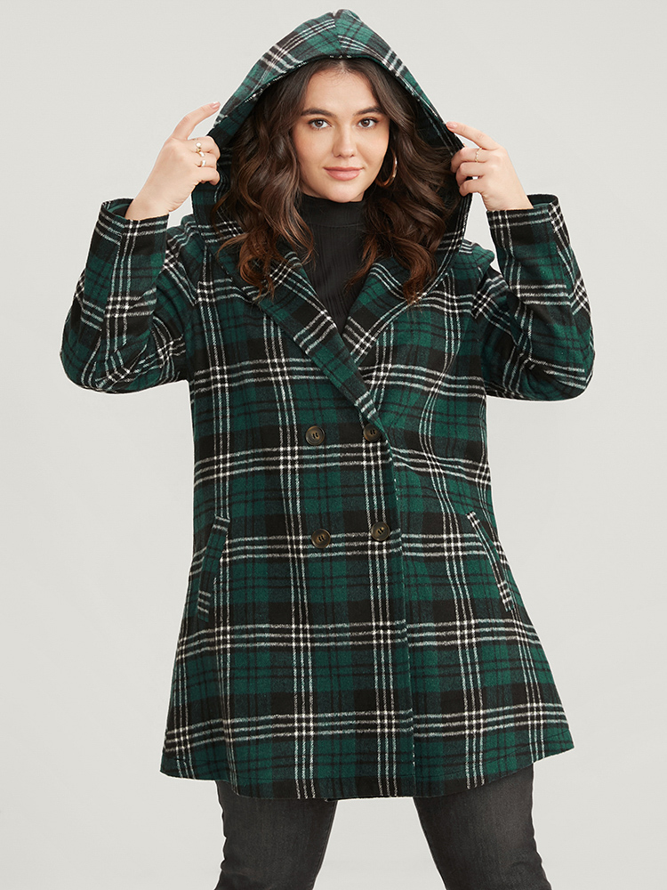 Plus Size Plaid Double Breasted Pocket Hooded Coat Women DarkGreen Casual Pocket Ladies Dailywear Winter Coats BloomChic 14-16/1X 