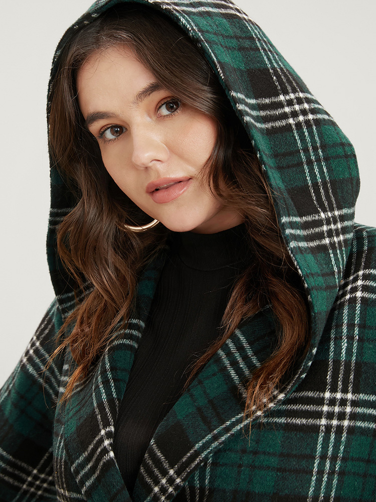 Plus Size Plaid Double Breasted Pocket Hooded Coat Women DarkGreen Casual Pocket Ladies Dailywear Winter Coats BloomChic 14-16/1X 
