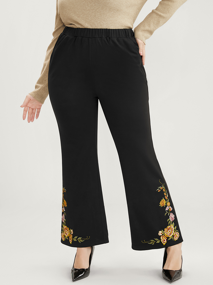 

Plus Size Floral Embroidered Pocket Elastic Waist Bootcut Pants Women Black Elegant Bootcut Mid Rise Dailywear Pants BloomChic