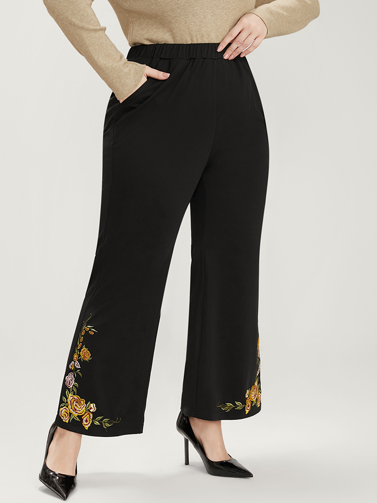 

Plus Size Floral Embroidered Pocket Elastic Waist Bootcut Pants Women Black Elegant Bootcut Mid Rise Dailywear Pants BloomChic