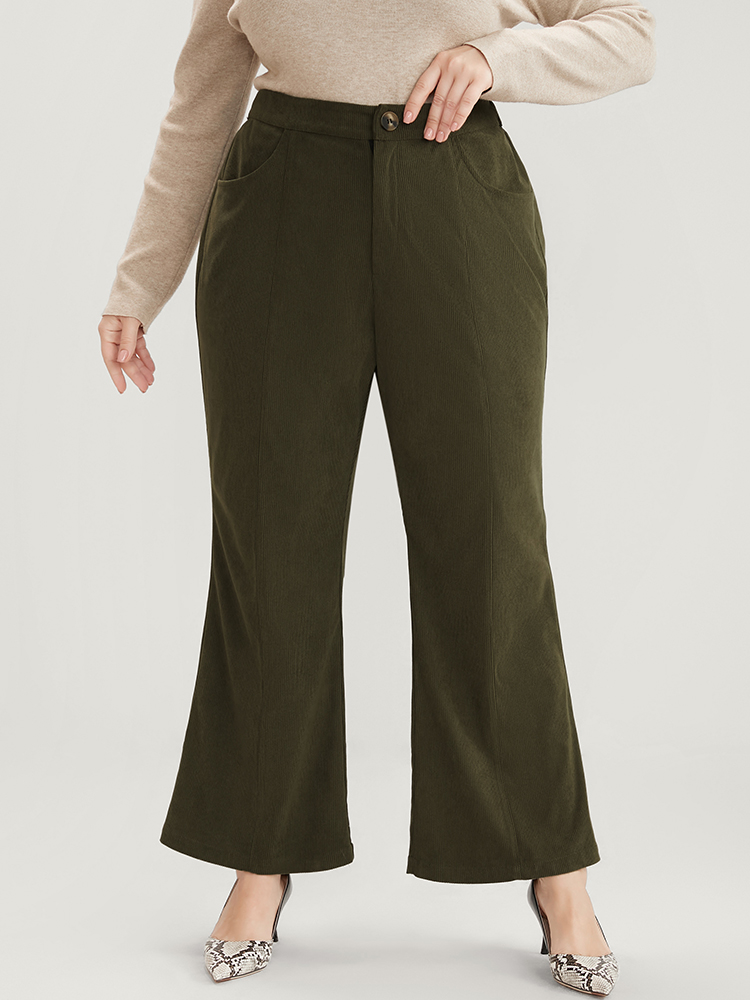 

Plus Size Solid Elastic Waist Pocket Corduroy Bootcut Pants Women ArmyGreen Office Bootcut Mid Rise Work Pants BloomChic