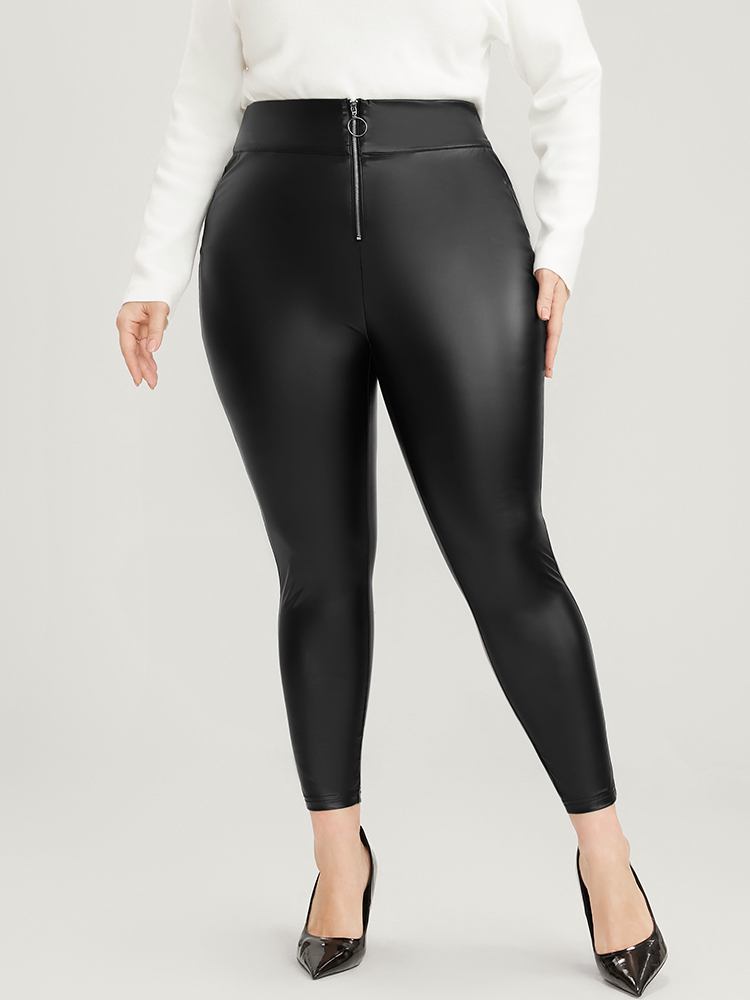 

Plus Size PU Leather Wideband Waist Zipper Skinny Leggings Women Black Party Low stretch Skinny Mid Rise Going out Leggings BloomChic
