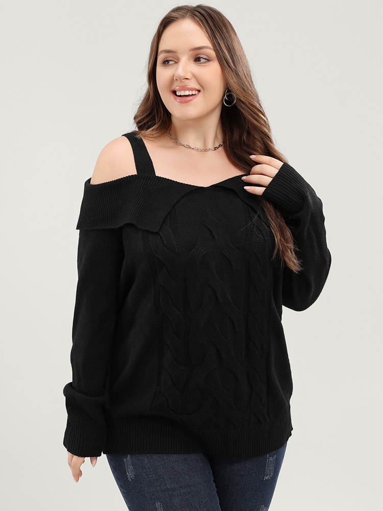 

Plus Size Solid Pointelle Knit Cold Shoulder Knit Top Black Women Elegant Long Sleeve Cold Shoulder Dailywear Pullovers BloomChic