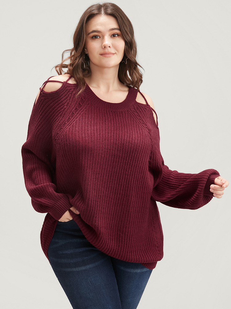 

Plus Size Solid Pointelle Knit Cut Out Lantern Sleeve Knit Top Scarlet Women Elegant Loose Long Sleeve Round Neck Dailywear Pullovers BloomChic