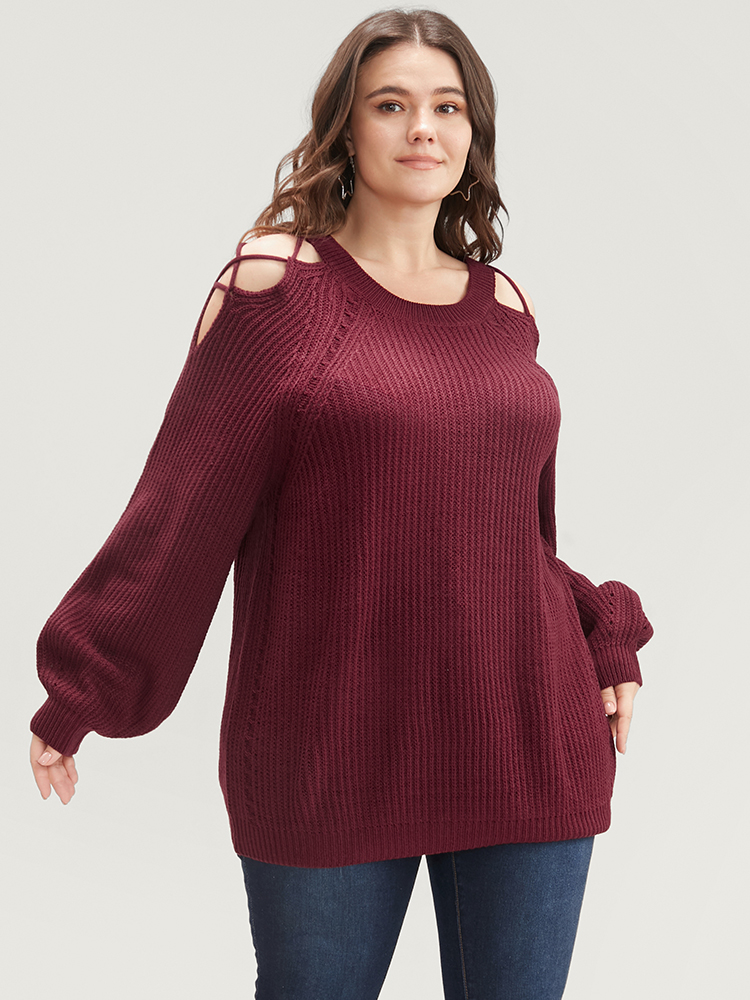 

Plus Size Solid Pointelle Knit Cut Out Lantern Sleeve Knit Top Scarlet Women Elegant Loose Long Sleeve Round Neck Dailywear Pullovers BloomChic