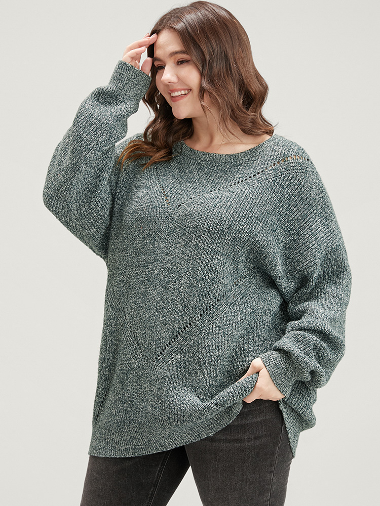 

Plus Size Solid Pointelle Knit Round Neck Cut Out Heather Knit Top Cyan Women Casual Loose Long Sleeve Round Neck Dailywear Pullovers BloomChic