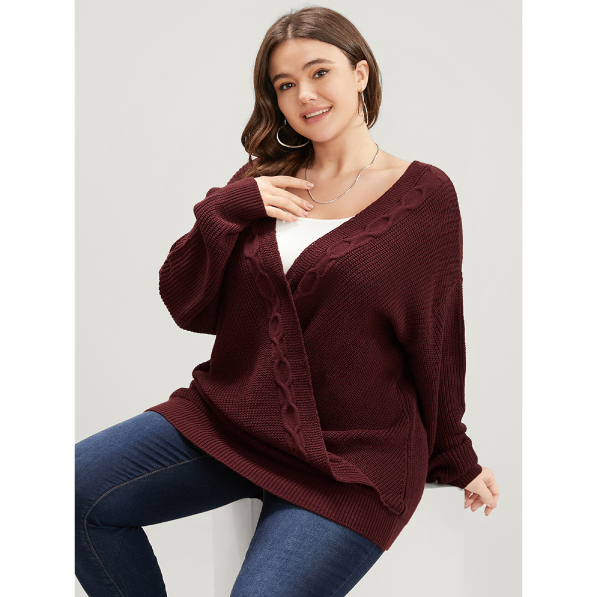 

Plus Size Solid Pointelle Knit Surplice Neck Cable Knit Top Scarlet Women Elegant Loose Long Sleeve Overlap Collar Dailywear Pullovers BloomChic