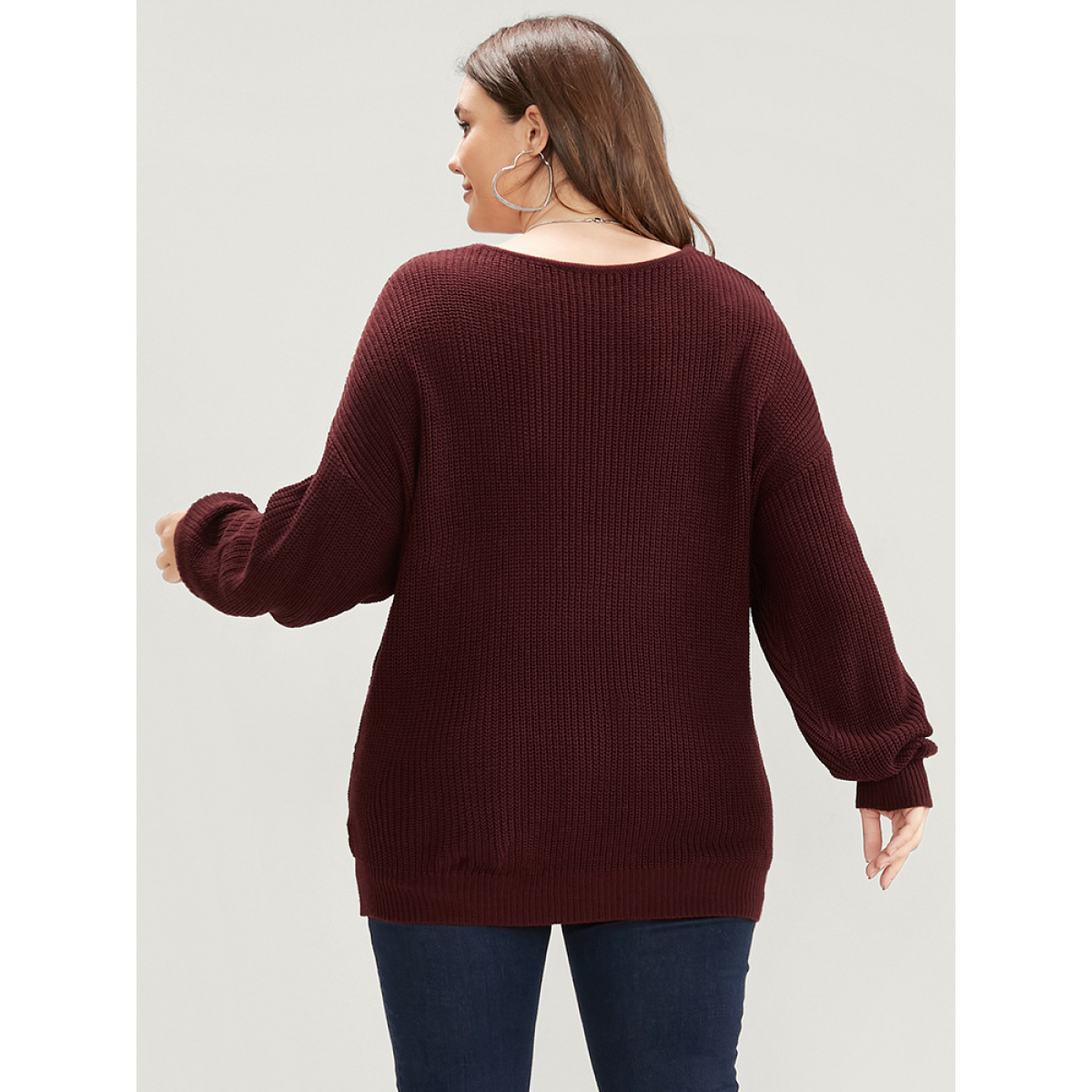 

Plus Size Solid Pointelle Knit Surplice Neck Cable Knit Top Scarlet Women Elegant Loose Long Sleeve Overlap Collar Dailywear Pullovers BloomChic