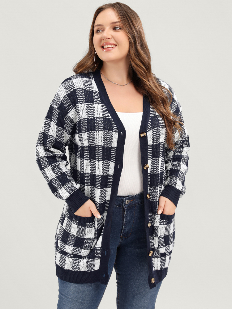 

Plus Size Plaid Pointelle Knit Pocket Button Front Cardigan Midnight Women Elegant Loose Long Sleeve Dailywear Cardigans BloomChic