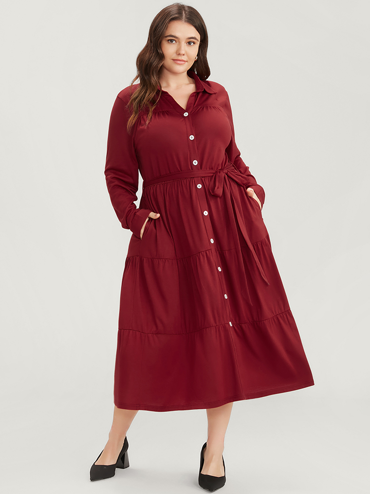 

Plus Size Solid Pocket Button Up Belted Flutter Dress Scarlet Women Office Gathered Shirt collar Long Sleeve Curvy Midi Dress BloomChic