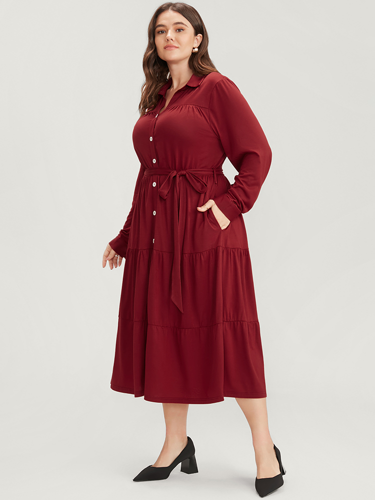

Plus Size Solid Pocket Button Up Belted Flutter Dress Scarlet Women Office Gathered Shirt collar Long Sleeve Curvy Midi Dress BloomChic
