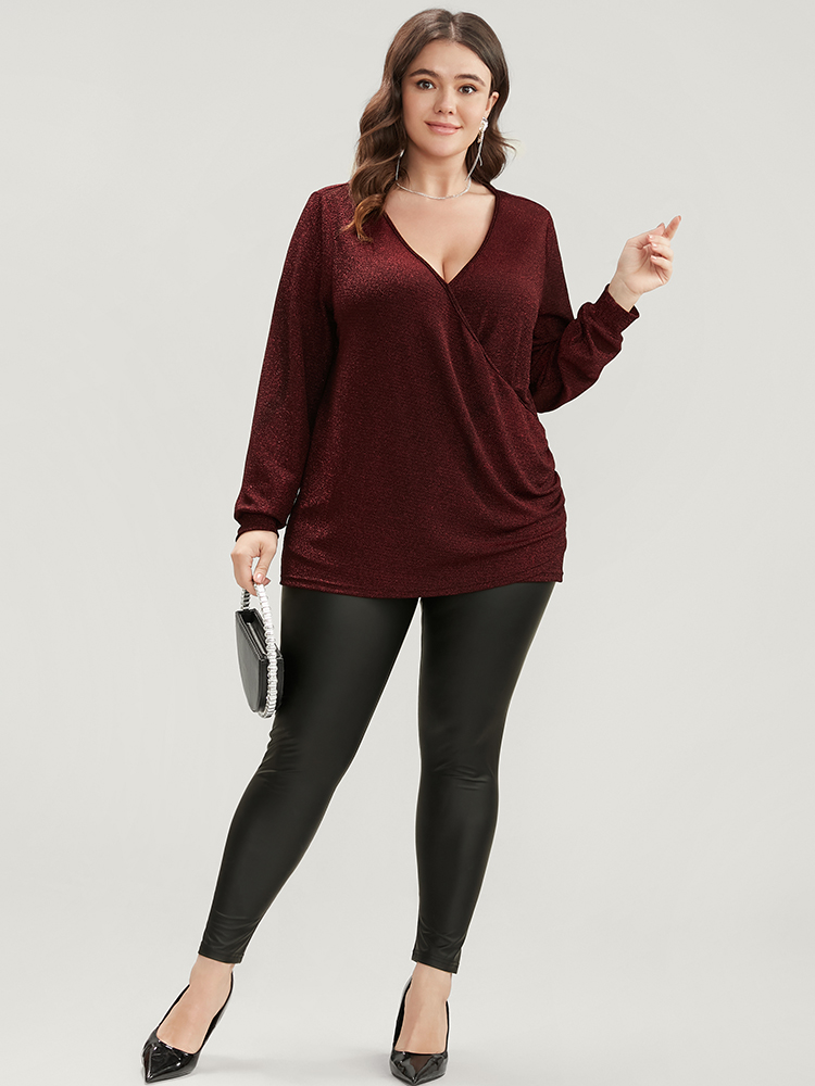Plus Size Scarlet Solid Glitter Surplice Neck Blouse Women Elegant Long Sleeve Deep V-neck Dailywear Blouses BloomChic 30/6X 