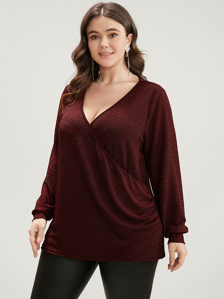 Plus Size Scarlet Solid Glitter Surplice Neck Blouse Women Elegant Long Sleeve Deep V-neck Dailywear Blouses BloomChic 30/6X 
