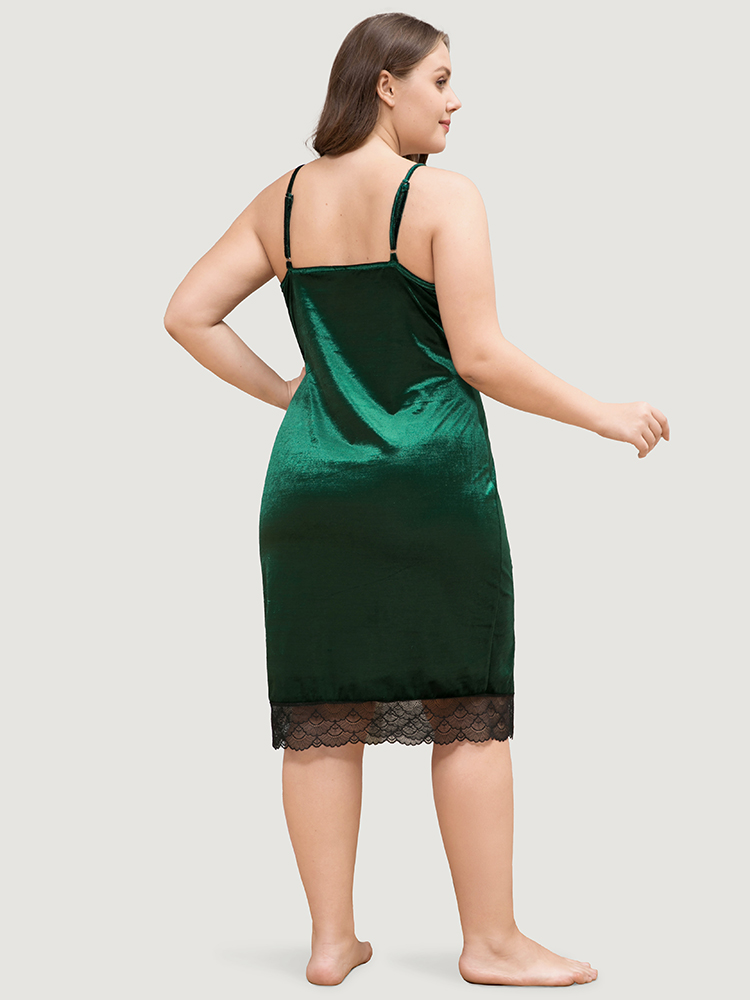 

Plus Size Solid Velvet Contrast Lace Split Hem Cami Night Dress DarkGreen Long Sleeve Spaghetti Strap Glamour Going out  Bloomchic