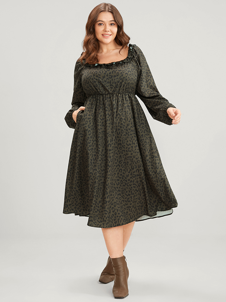 

Plus Size Leopard Print Square Neck Pocket Puff Sleeve Midi Dress ArmyGreen Women Elegant Square Neck Long Sleeve Curvy Midi Dress BloomChic