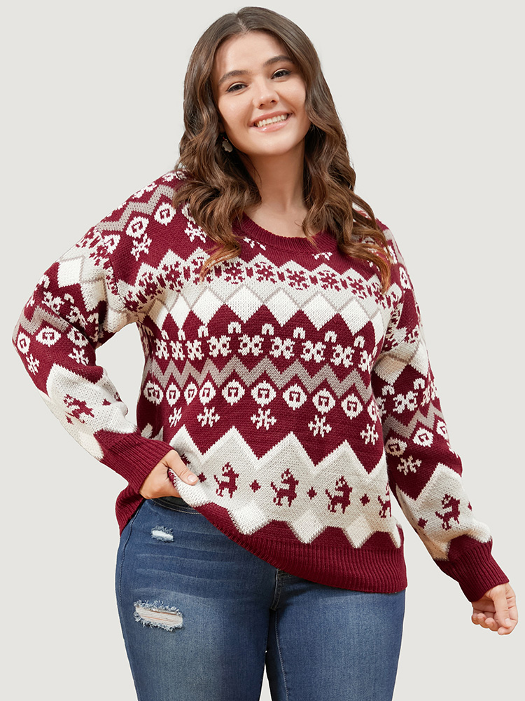 

Plus Size Elk Geometric Pointelle Knit Round Neck Jacquard Knit Top Scarlet Women Casual Loose Long Sleeve Round Neck Dailywear Pullovers BloomChic