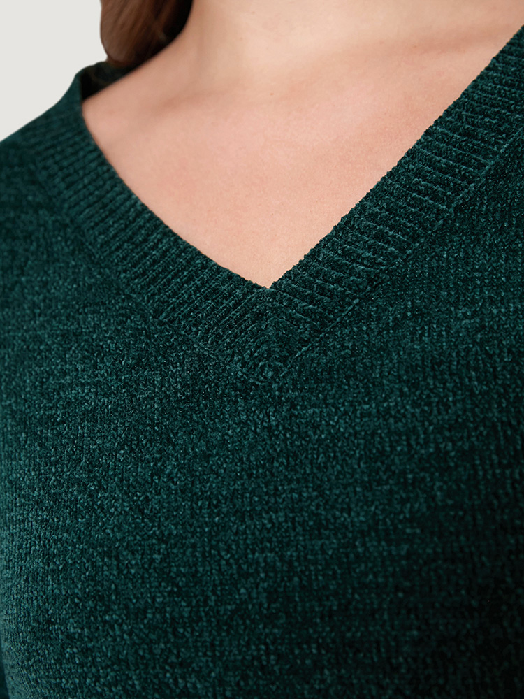 

Plus Size Solid Chenille Knit Lantern Sleeve V Neck Knit Top DarkGreen Women Elegant Long Sleeve V-neck Dailywear Pullovers BloomChic