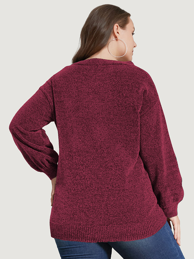 

Plus Size Solid Chenille Knit Lantern Sleeve V Neck Knit Top Burgundy Women Elegant Long Sleeve V-neck Dailywear Pullovers BloomChic