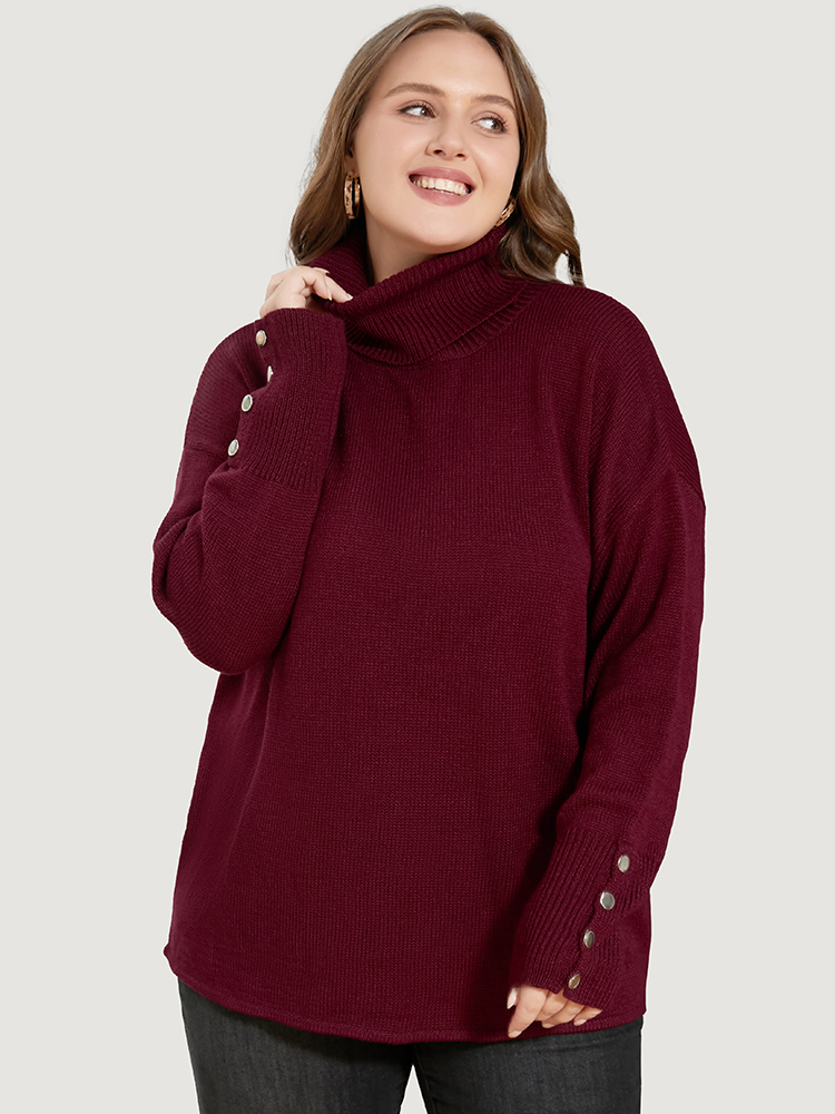 

Plus Size Solid Pointelle Knit Button Detail Funnel Neck Knit Top Scarlet Women Casual Loose Long Sleeve Turtleneck Dailywear Pullovers BloomChic