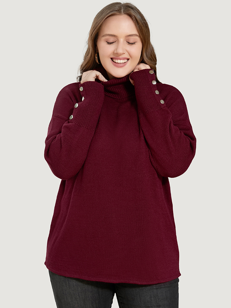 

Plus Size Solid Pointelle Knit Button Detail Funnel Neck Knit Top Scarlet Women Casual Loose Long Sleeve Turtleneck Dailywear Pullovers BloomChic