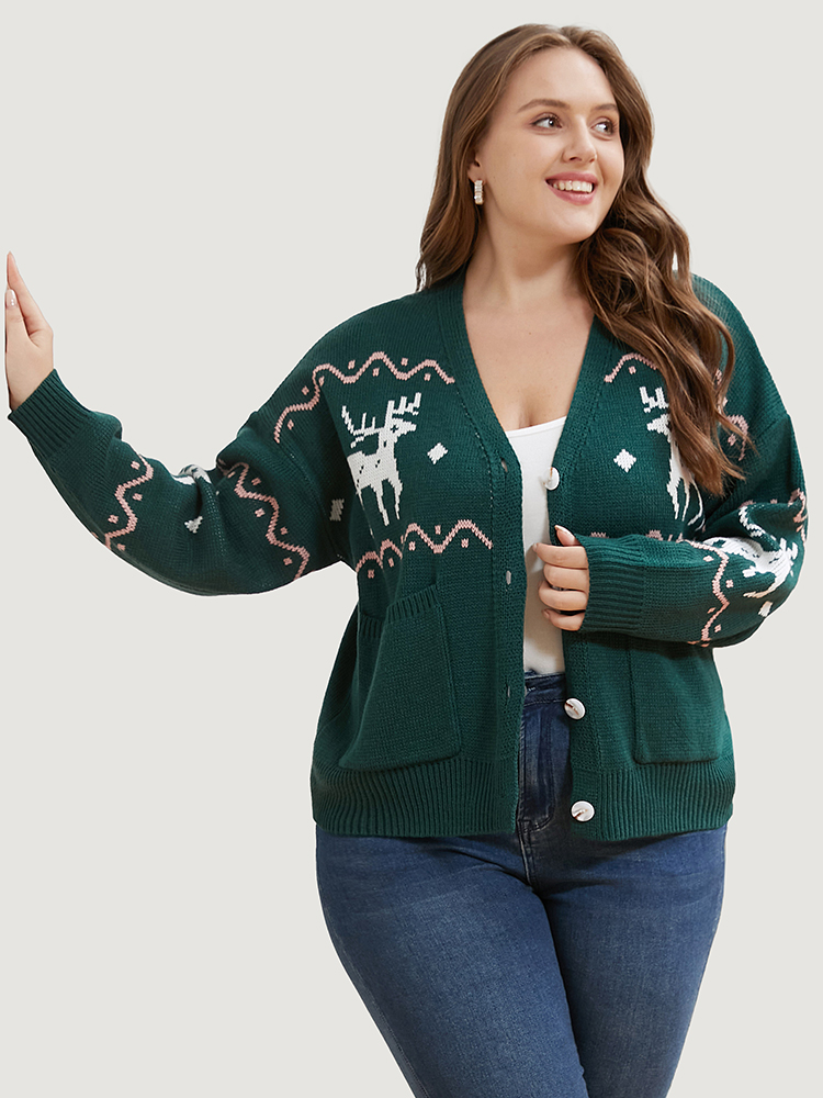 

Plus Size Elk Print Pointelle Knit Pocket Jacquard Button Front Cardigan DarkGreen Women Casual Loose Long Sleeve Dailywear Cardigans BloomChic