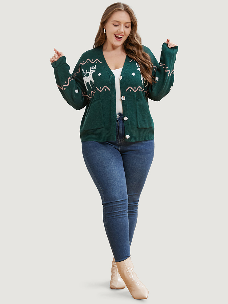 

Plus Size Elk Print Pointelle Knit Pocket Jacquard Button Front Cardigan DarkGreen Women Casual Loose Long Sleeve Dailywear Cardigans BloomChic