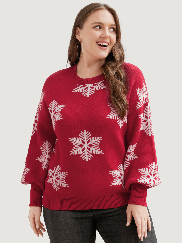 

Plus Size Snowflake Super Soft Plush Knit Lantern Sleeve Jacquard Knit Top Red Women Casual Loose Long Sleeve Dailywear Pullovers BloomChic