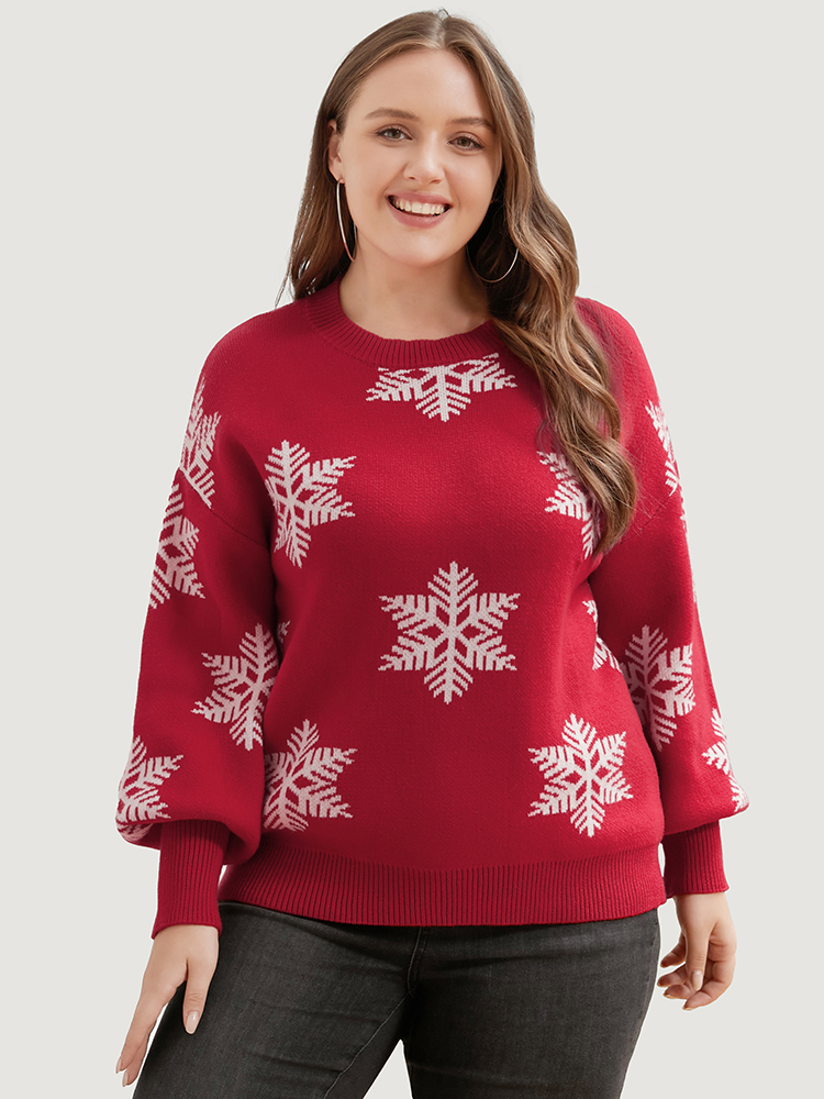 

Plus Size Snowflake Super Soft Plush Knit Lantern Sleeve Jacquard Knit Top Red Women Casual Loose Long Sleeve Dailywear Pullovers BloomChic