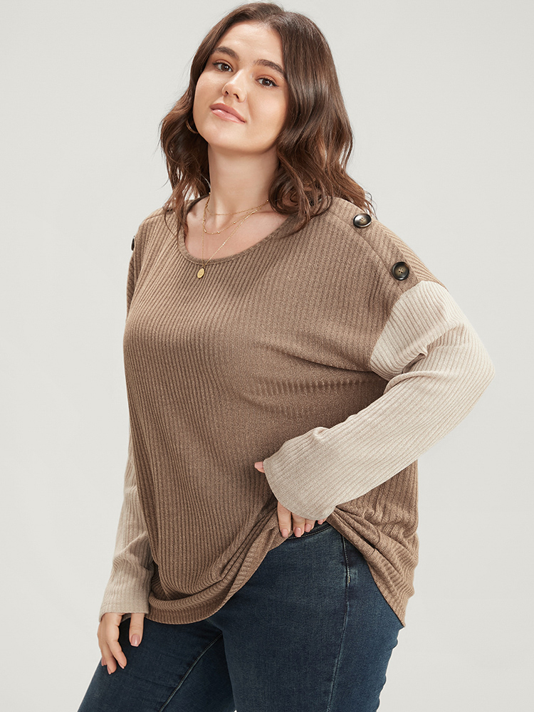 

Plus Size Colorblock Contrast Button Detail Rib Knit Sweatshirt Women LightBrown Casual Contrast Round Neck Dailywear Sweatshirts BloomChic