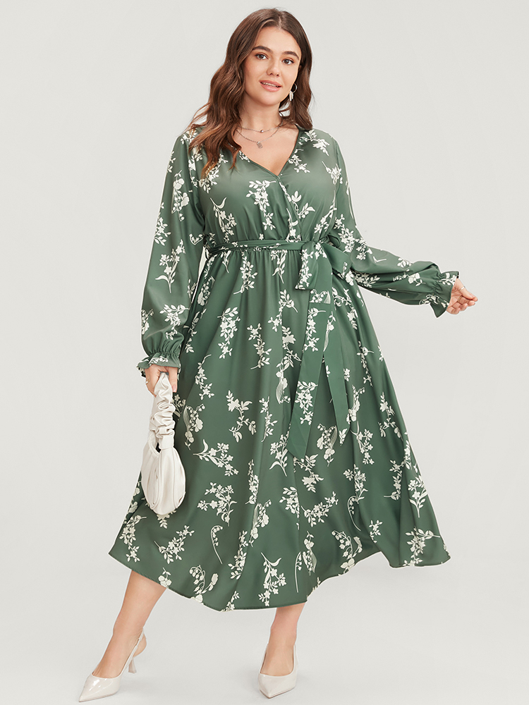 

Plus Size Floral Wrap Pocket Lantern Sleeve Belted Ruffle Dress Mint Women Elegant Printed V-neck Long Sleeve Curvy Midi Dress BloomChic