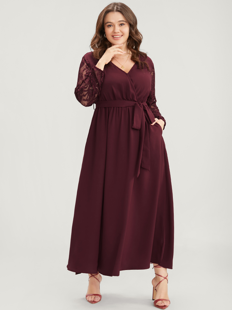 

Plus Size Solid Wrap Pocket Lantern Sleeve Lace Belted Maxi Dress Burgundy Women Elegant V-neck Long Sleeve Curvy Long Dress BloomChic