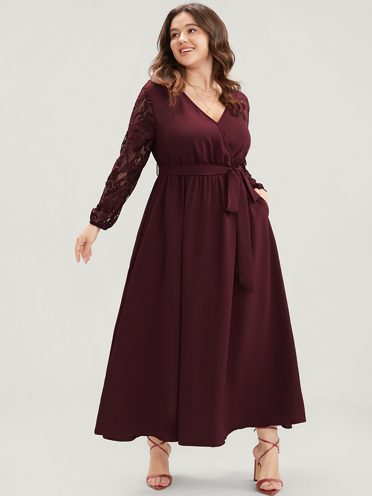 

Plus Size Solid Wrap Pocket Lantern Sleeve Lace Belted Maxi Dress Burgundy Women Elegant V-neck Long Sleeve Curvy Long Dress BloomChic