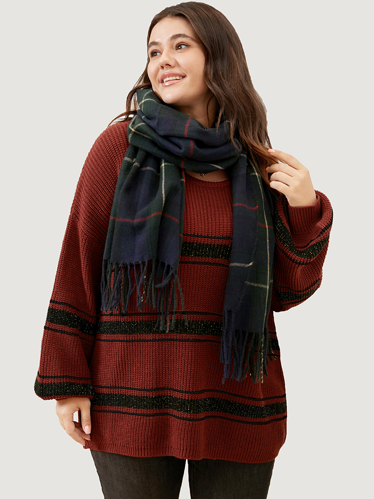Striped Contrast Pointelle Knit Lantern Sleeve Round Neck Knit Top BloomChic 