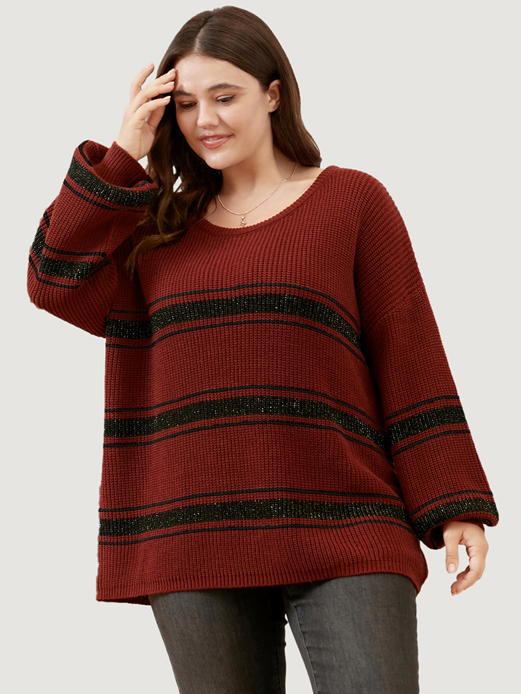 Striped Contrast Pointelle Knit Lantern Sleeve Round Neck Knit Top BloomChic 