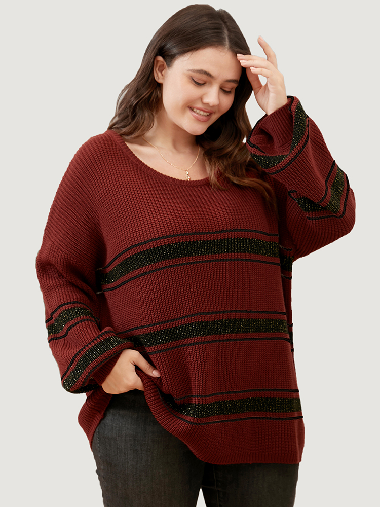 Striped Contrast Pointelle Knit Lantern Sleeve Round Neck Knit Top BloomChic 
