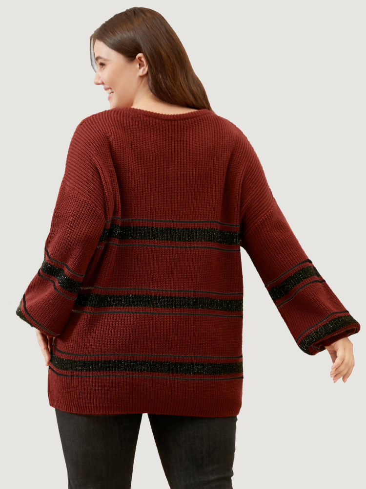 Striped Contrast Pointelle Knit Lantern Sleeve Round Neck Knit Top BloomChic 