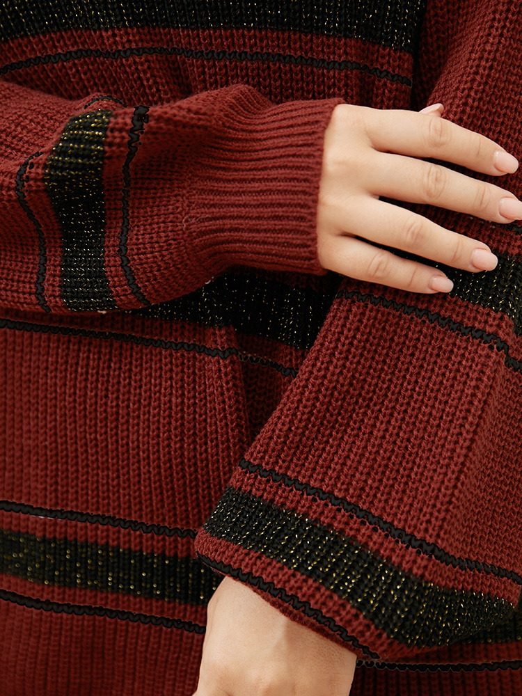 Striped Contrast Pointelle Knit Lantern Sleeve Round Neck Knit Top BloomChic 