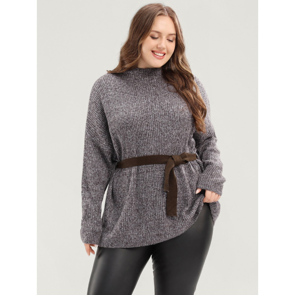 

Plus Size Solid Pointelle Knit Mock Neck Belted Heather Knit Top Brown Women Casual Long Sleeve Mock Neck Dailywear Pullovers BloomChic