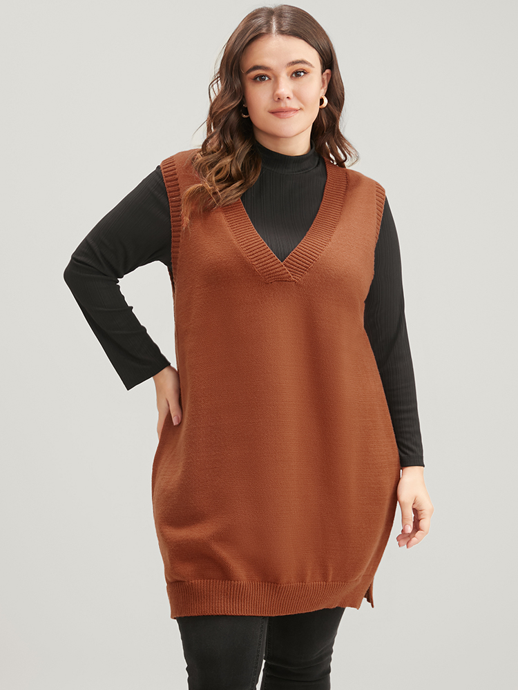 Plus Size Solid Pointelle Knit V Neck Sleeveless Knit Top Brown Women Elegant Sleeveless V-neck Dailywear Pullovers BloomChic 14-16/1X 