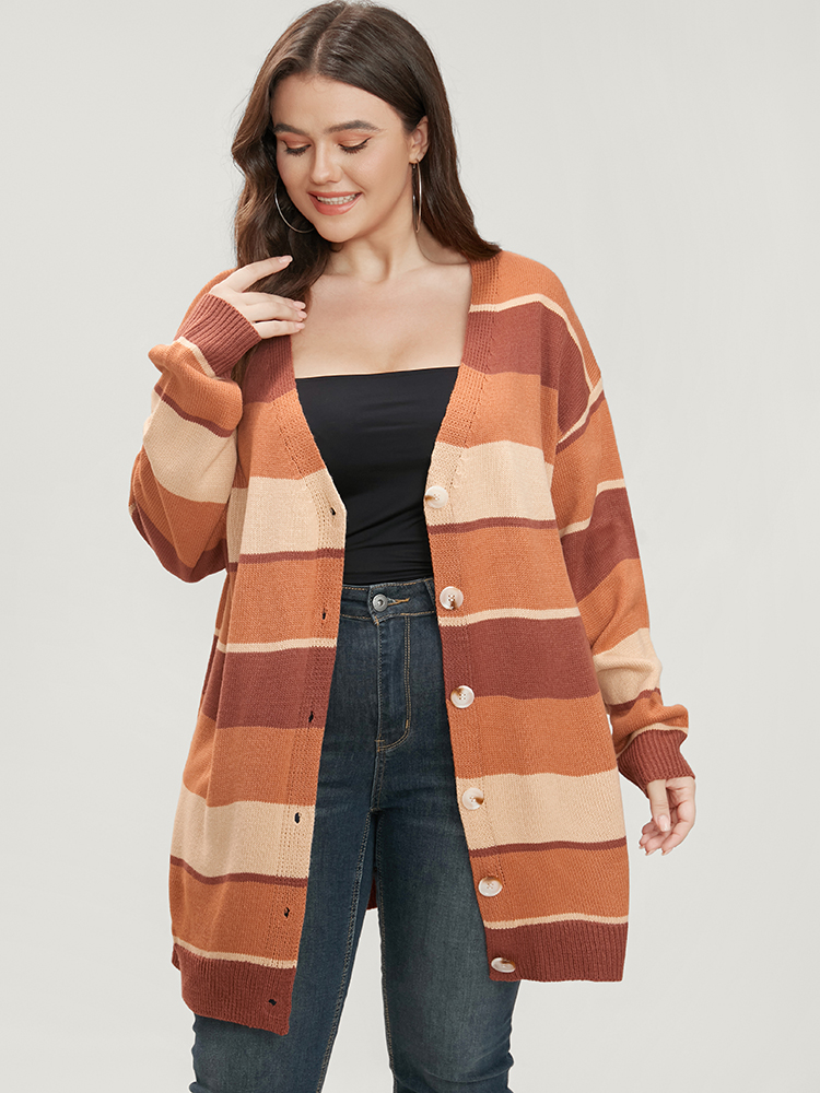 

Plus Size Colorblock Contrast Pointelle Knit Button Front Cardigan Bronze Women Casual Long Sleeve Dailywear Cardigans BloomChic